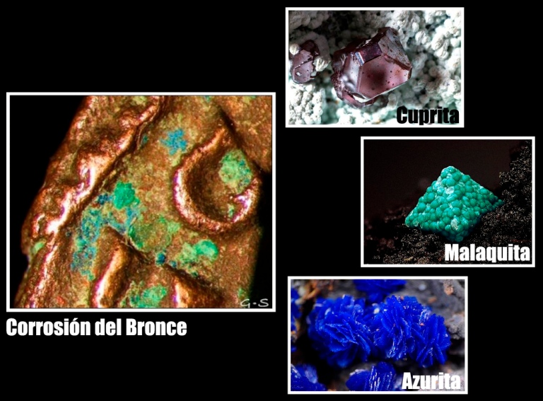 Moneda de bronce con algunos de sus productos de corrosión: Cuprita, Malaquita y Azurita